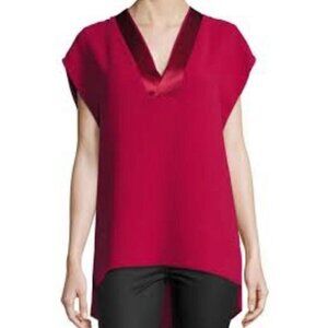 Vince Sz XS Red Satin V Neck Tunic Top Blouse High Low Hem Sleeveless